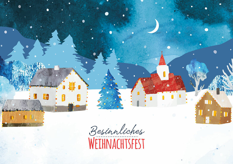 Weihnachtskarte: Dorf im Winter