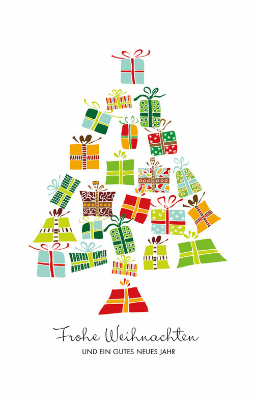 Weihnachtskarte: Kunterbunter Päckchenbaum
