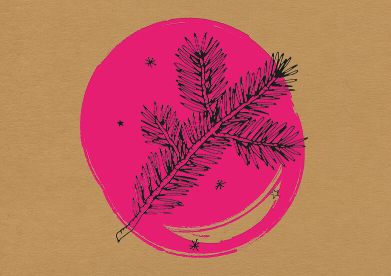 Weihnachtskarte: Zweig auf pinkem Klecks