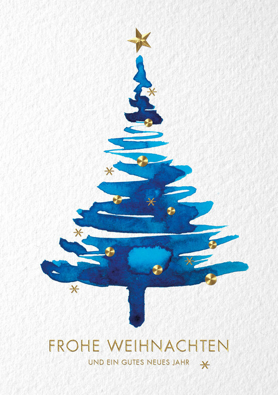 Weihnachtskarte: Aquarellbaum mit Goldschmuck